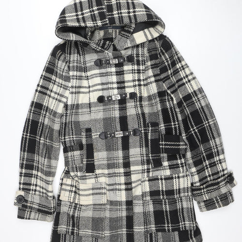 Next Women's Black Check Duffle Coat Size 12 Hooded Wool Blend