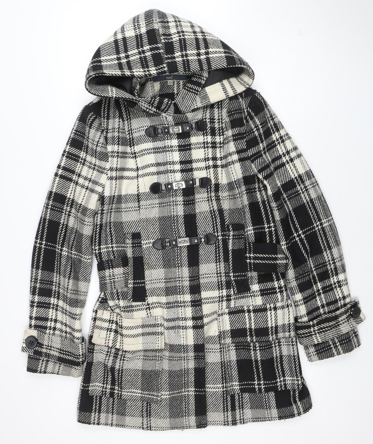 Next Women's Black Check Duffle Coat Size 12 Hooded Wool Blend