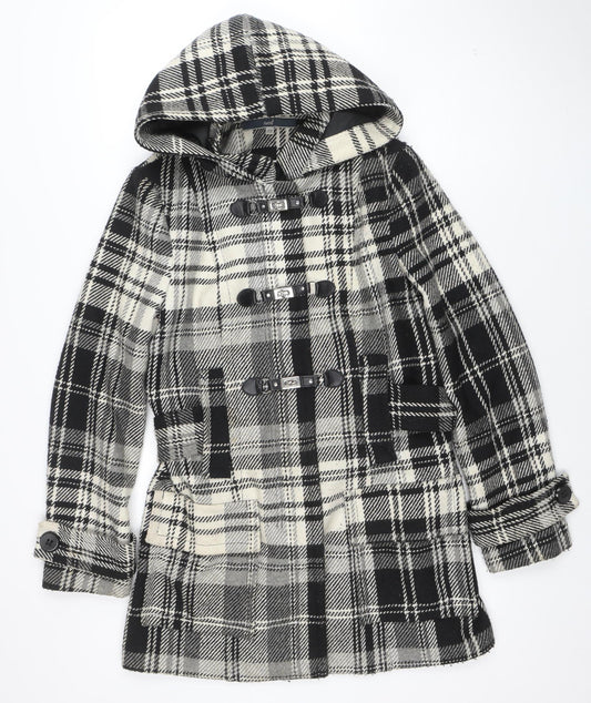 Next Women's Black Check Duffle Coat Size 12 Hooded Wool Blend