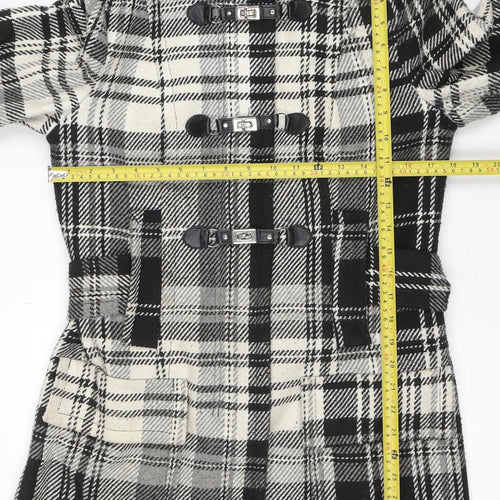Next Women's Black Check Duffle Coat Size 12 Hooded Wool Blend