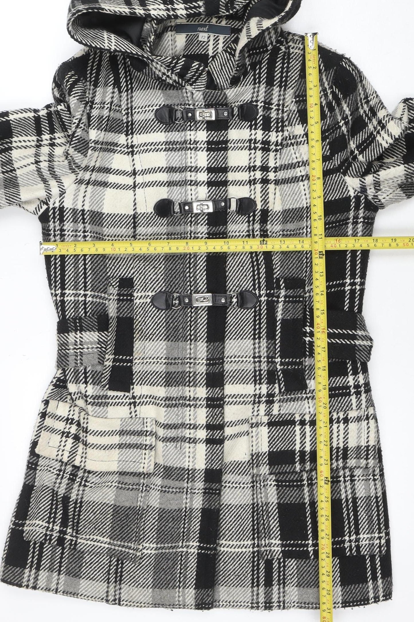 Next Women's Black Check Duffle Coat Size 12 Hooded Wool Blend