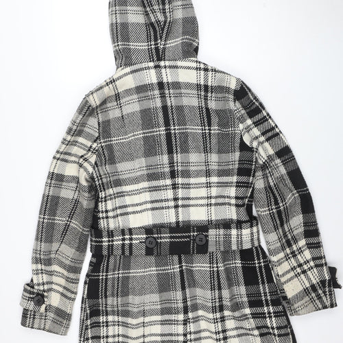 Next Women's Black Check Duffle Coat Size 12 Hooded Wool Blend