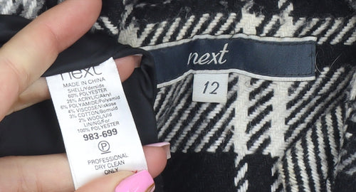 Next Women's Black Check Duffle Coat Size 12 Hooded Wool Blend