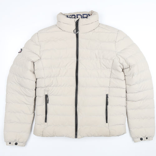 Superdry Women Beige Puffer Jacket M Full Zip Quilted Winter Coat