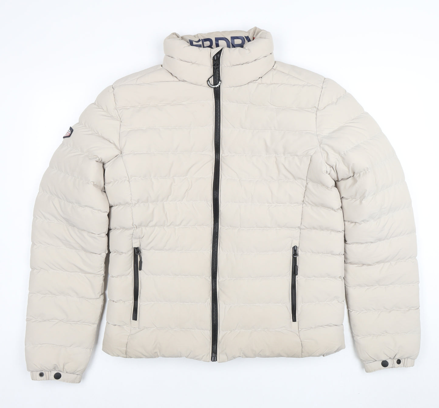 Superdry Women Beige Puffer Jacket M Full Zip Quilted Winter Coat