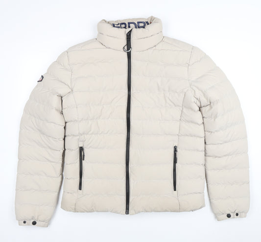Superdry Women Beige Puffer Jacket M Full Zip Quilted Winter Coat