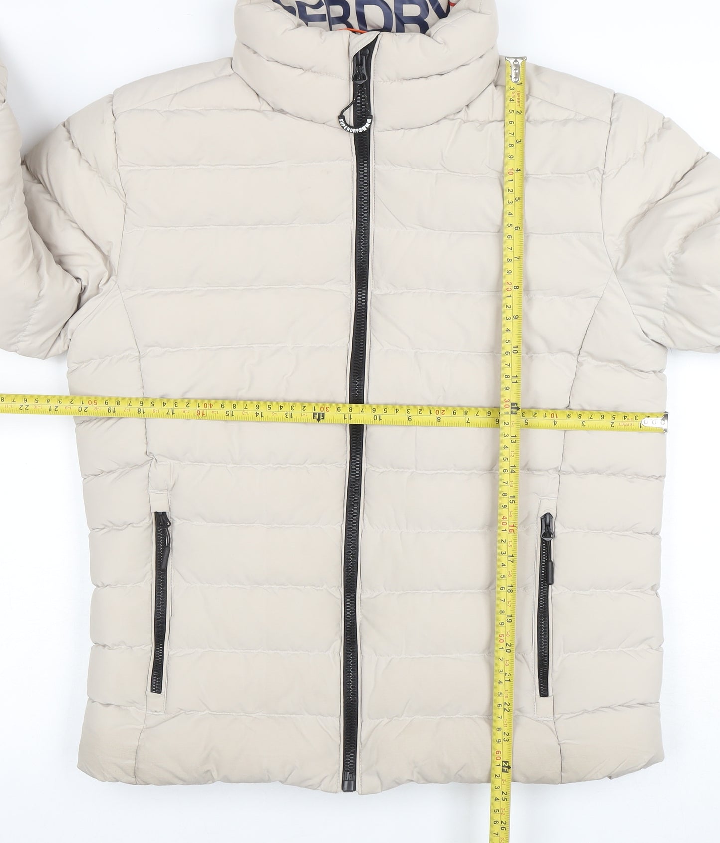 Superdry Women Beige Puffer Jacket M Full Zip Quilted Winter Coat