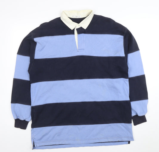 Marks & Spencer Men's Blue Striped Rugby Polo Shirt L Long Sleeve Cotton