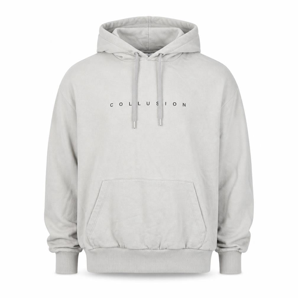 Front view of Collusion Men's Beige Graphic Pullover Hoodie, size M