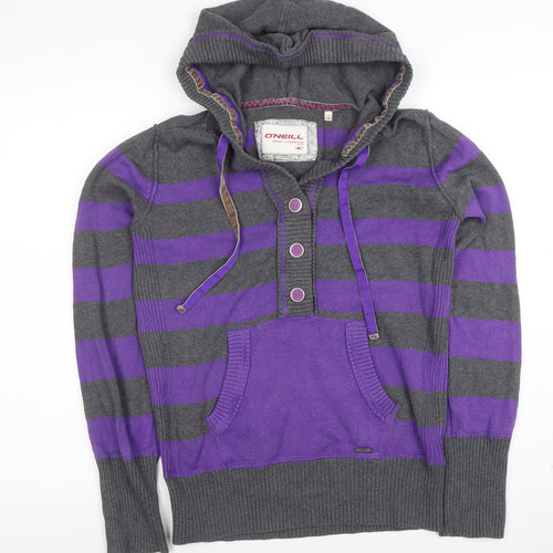 O'Neill Womens Grey Purple Striped Henley Hoodie Medium Cotton Blend