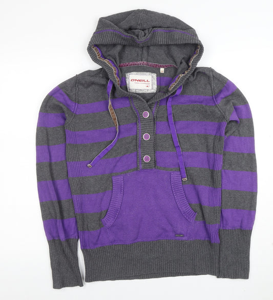 O'Neill Womens Grey Purple Striped Henley Hoodie Medium Cotton Blend