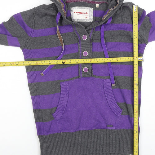 O'Neill Womens Grey Purple Striped Henley Hoodie Medium Cotton Blend