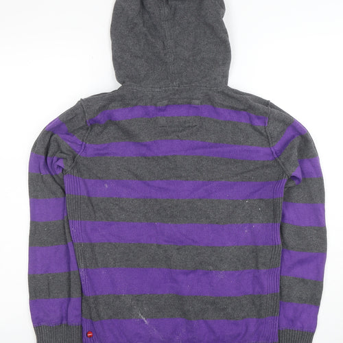 O'Neill Womens Grey Purple Striped Henley Hoodie Medium Cotton Blend