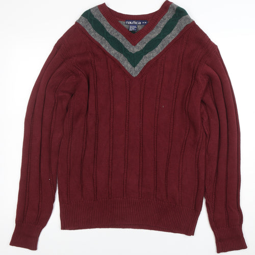 Nautica Men's Red V-Neck Cable Knit Cotton Jumper Size M