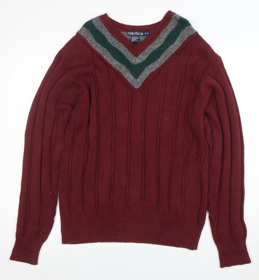Nautica Men's Red V-Neck Cable Knit Cotton Jumper Size M