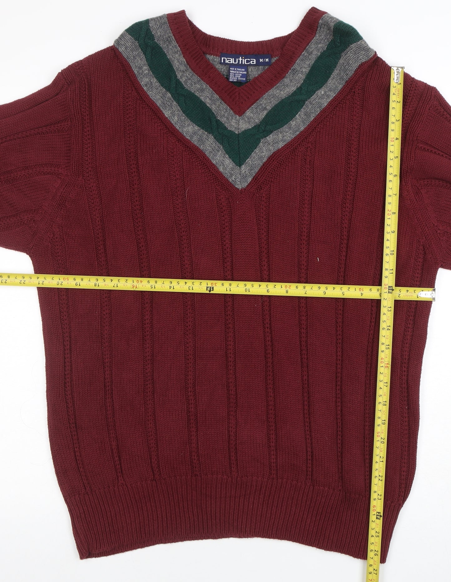 Nautica Men's Red V-Neck Cable Knit Cotton Jumper Size M