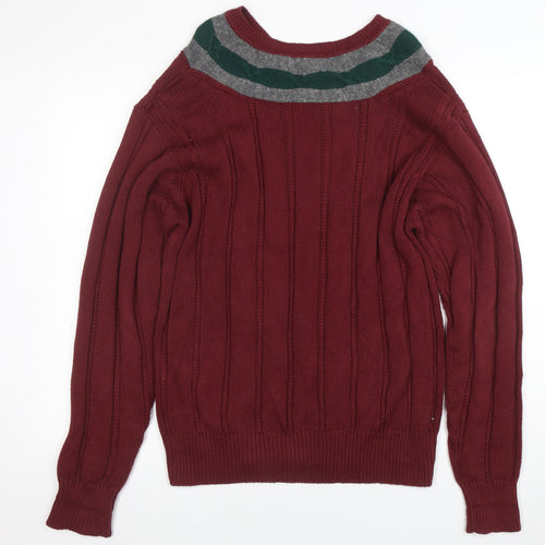 Nautica Men's Red V-Neck Cable Knit Cotton Jumper Size M
