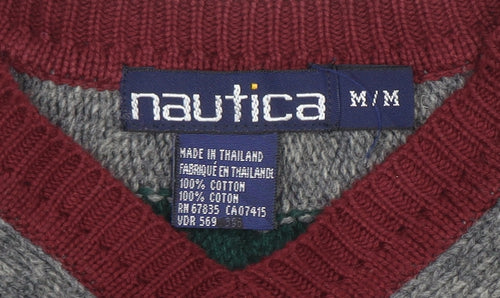 Nautica Men's Red V-Neck Cable Knit Cotton Jumper Size M