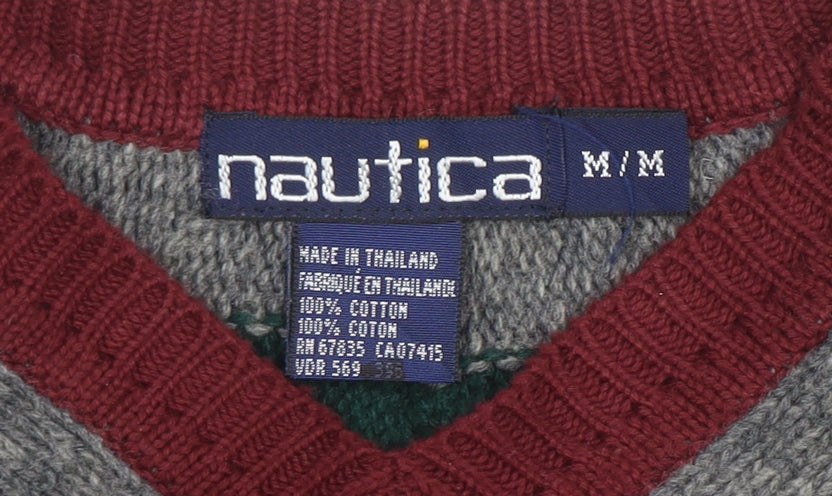 Nautica Men's Red V-Neck Cable Knit Cotton Jumper Size M