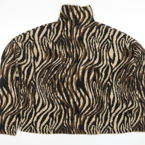 ZARA Women’s Beige Animal Print Roll Neck Knit Jumper Size M