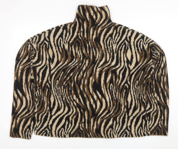 ZARA Women’s Beige Animal Print Roll Neck Knit Jumper Size M