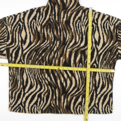 ZARA Women’s Beige Animal Print Roll Neck Knit Jumper Size M