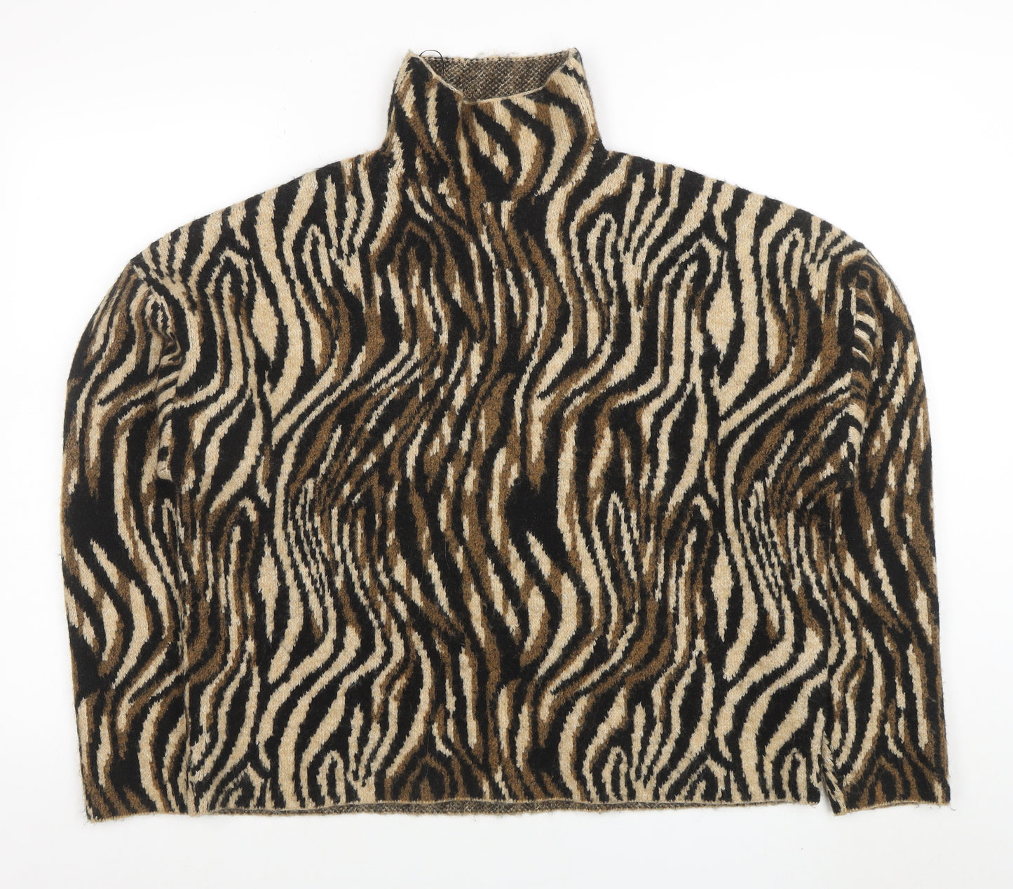 ZARA Women’s Beige Animal Print Roll Neck Knit Jumper Size M