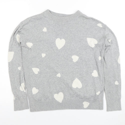 Marks and Spencer Women's Grey Heart Print Crew Neck Jumper XS
