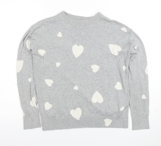 Marks and Spencer Women's Grey Heart Print Crew Neck Jumper XS