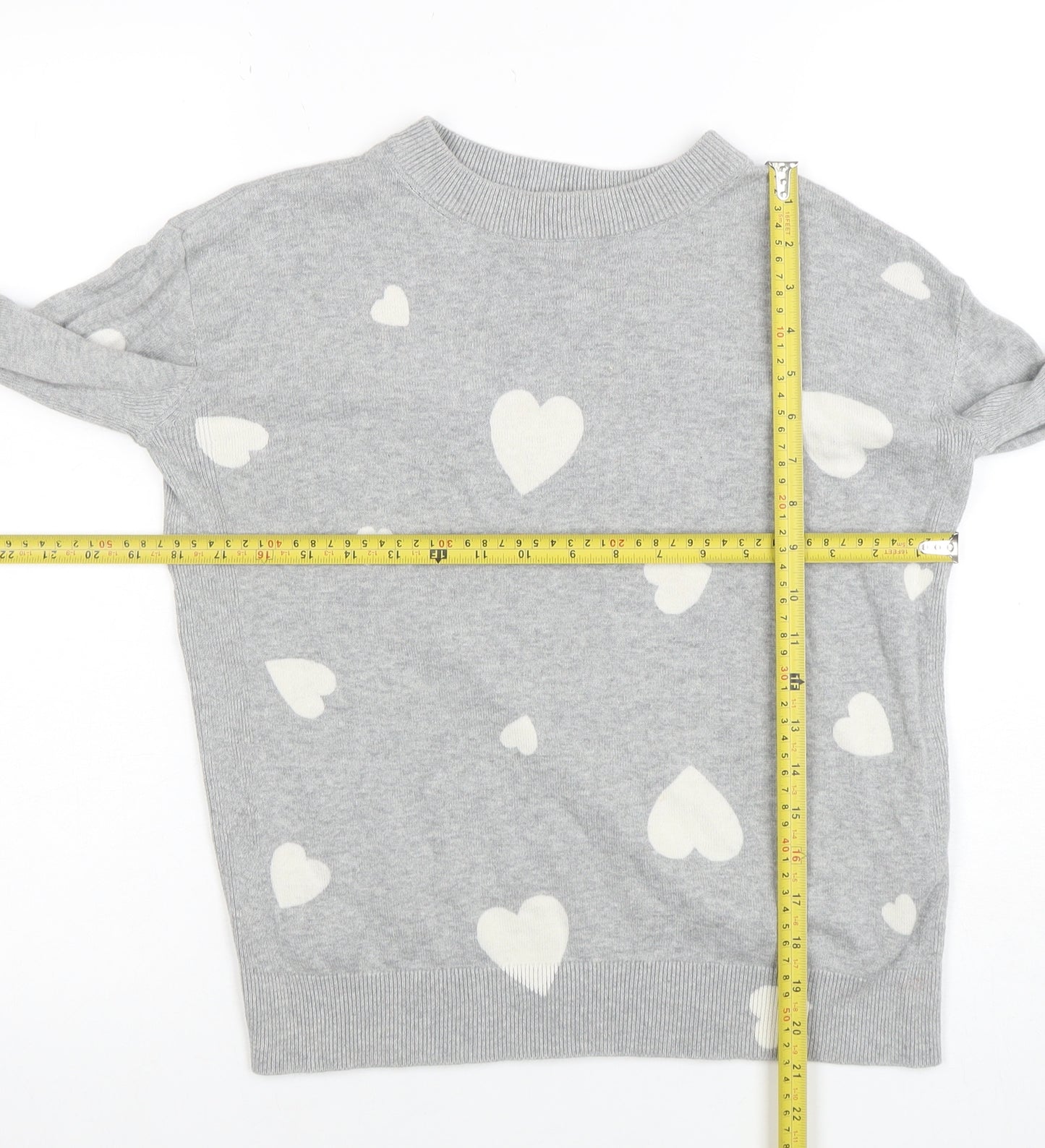 Marks and Spencer Women's Grey Heart Print Crew Neck Jumper XS