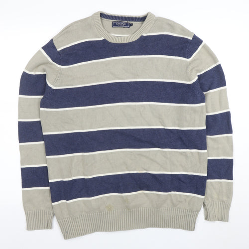 Maine New England Mens Blue Striped Cotton Crew Neck Jumper L