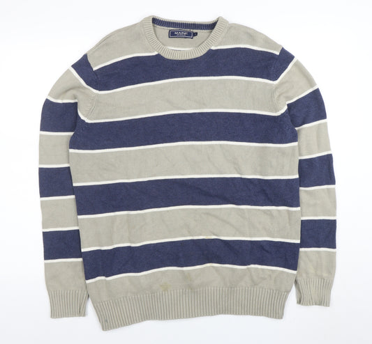 Maine New England Mens Blue Striped Cotton Crew Neck Jumper L