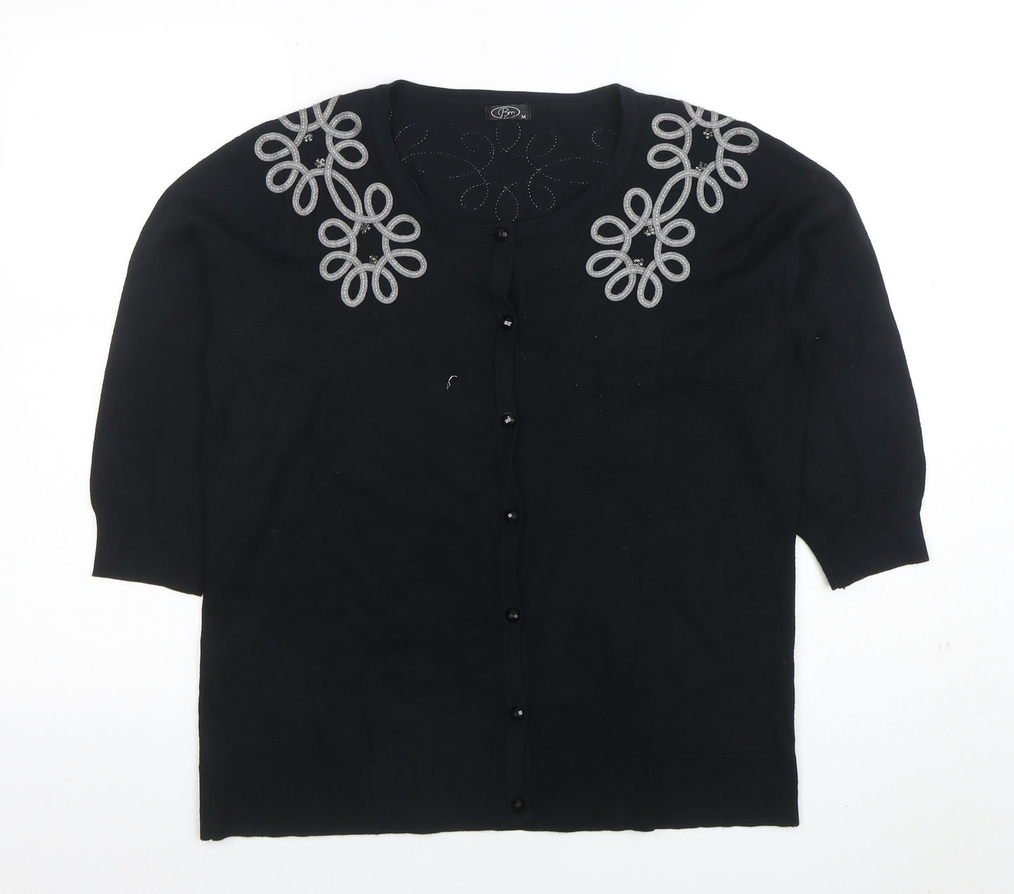 BM Women's Black Embroidered 3/4 Sleeve Cardigan M