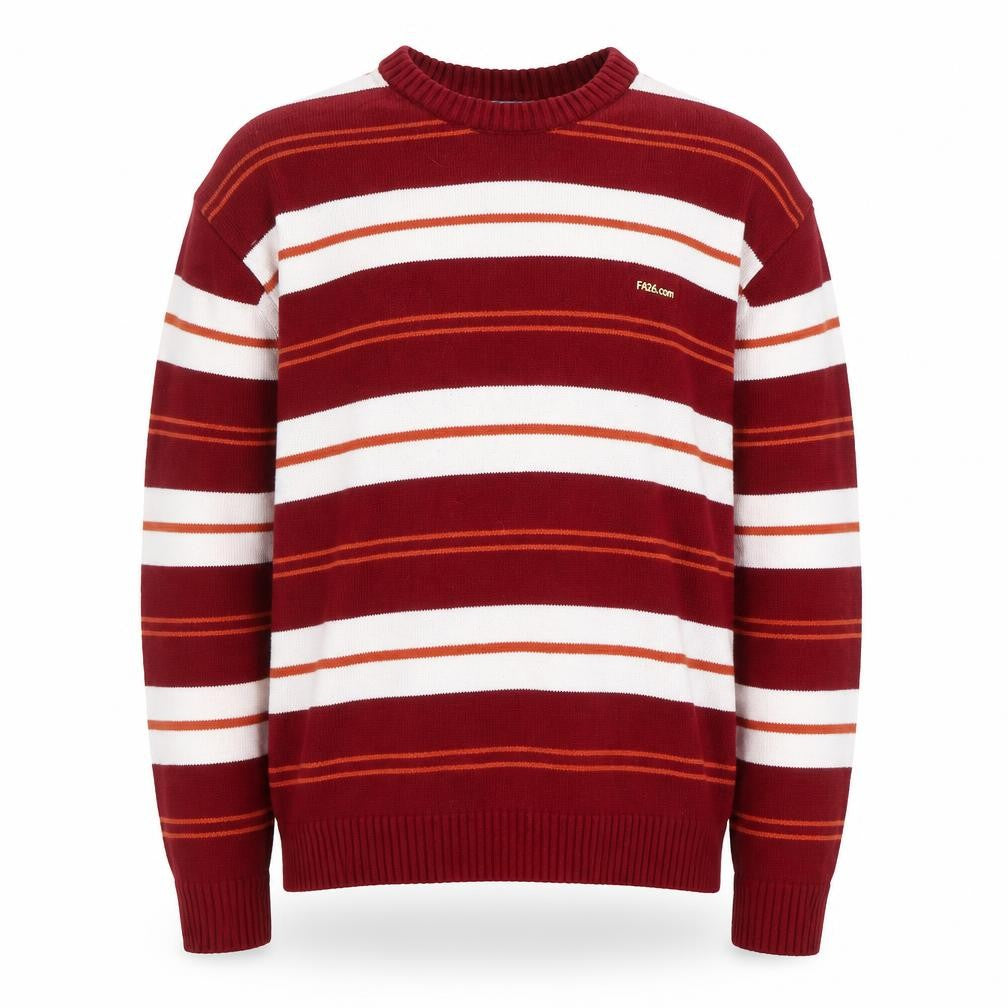 Front view of F426 Men's Red Striped Crew Neck jumper, size M
