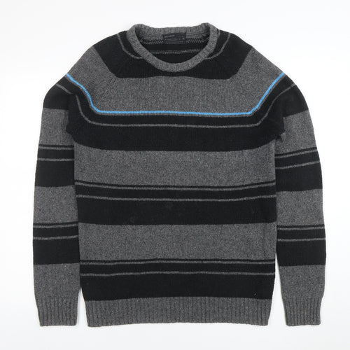 PULL & BEAR Mens Grey Striped Crew Neck Cotton Blend Jumper L