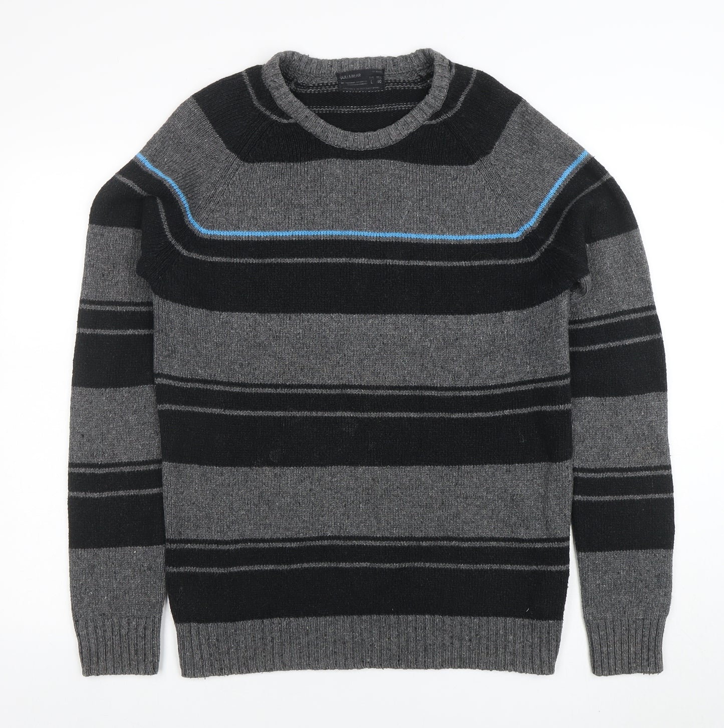 PULL & BEAR Mens Grey Striped Crew Neck Cotton Blend Jumper L