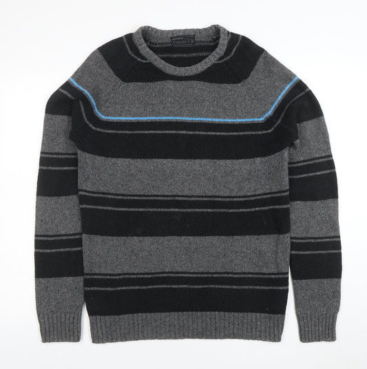 PULL & BEAR Mens Grey Striped Crew Neck Cotton Blend Jumper L