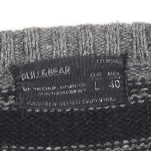 PULL & BEAR Mens Grey Striped Crew Neck Cotton Blend Jumper L
