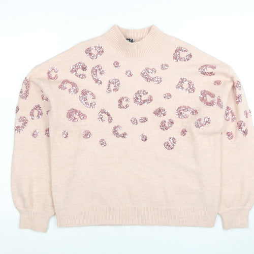 New Look Womens Pink Sequin Leopard Knit Mock Neck Jumper Size S