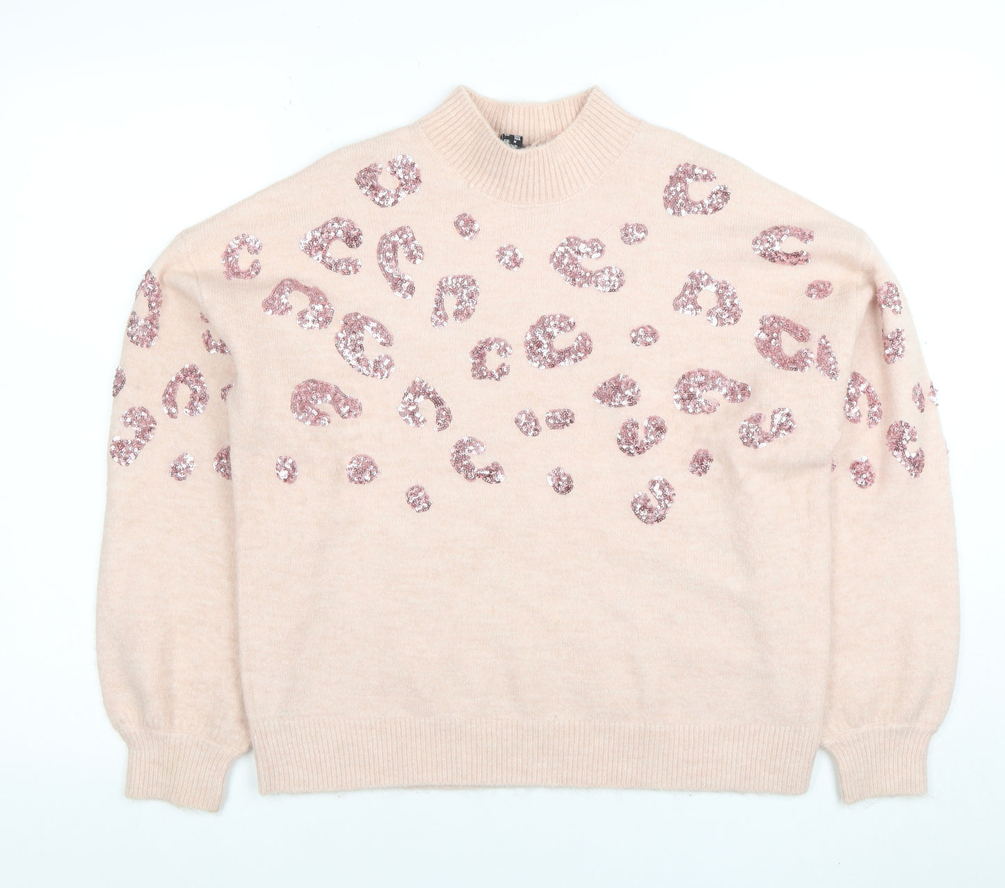 New Look Womens Pink Sequin Leopard Knit Mock Neck Jumper Size S