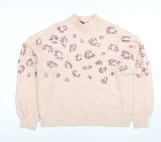 New Look Womens Pink Sequin Leopard Knit Mock Neck Jumper Size S