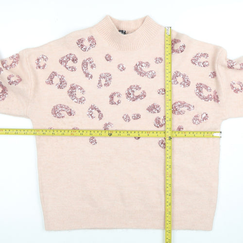 New Look Womens Pink Sequin Leopard Knit Mock Neck Jumper Size S