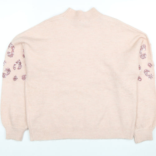 New Look Womens Pink Sequin Leopard Knit Mock Neck Jumper Size S