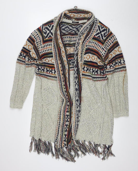 Roman Women’s Grey Fair Isle Knit Fringe Cardigan Size 14