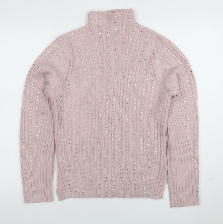Lipsy London Women’s Pink Roll Neck Beaded Knit Jumper Size 10