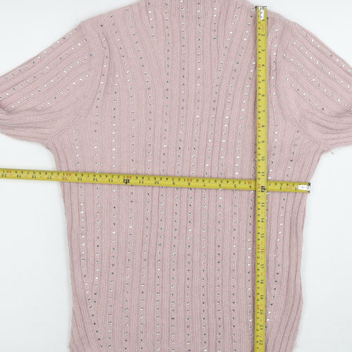 Lipsy London Women’s Pink Roll Neck Beaded Knit Jumper Size 10