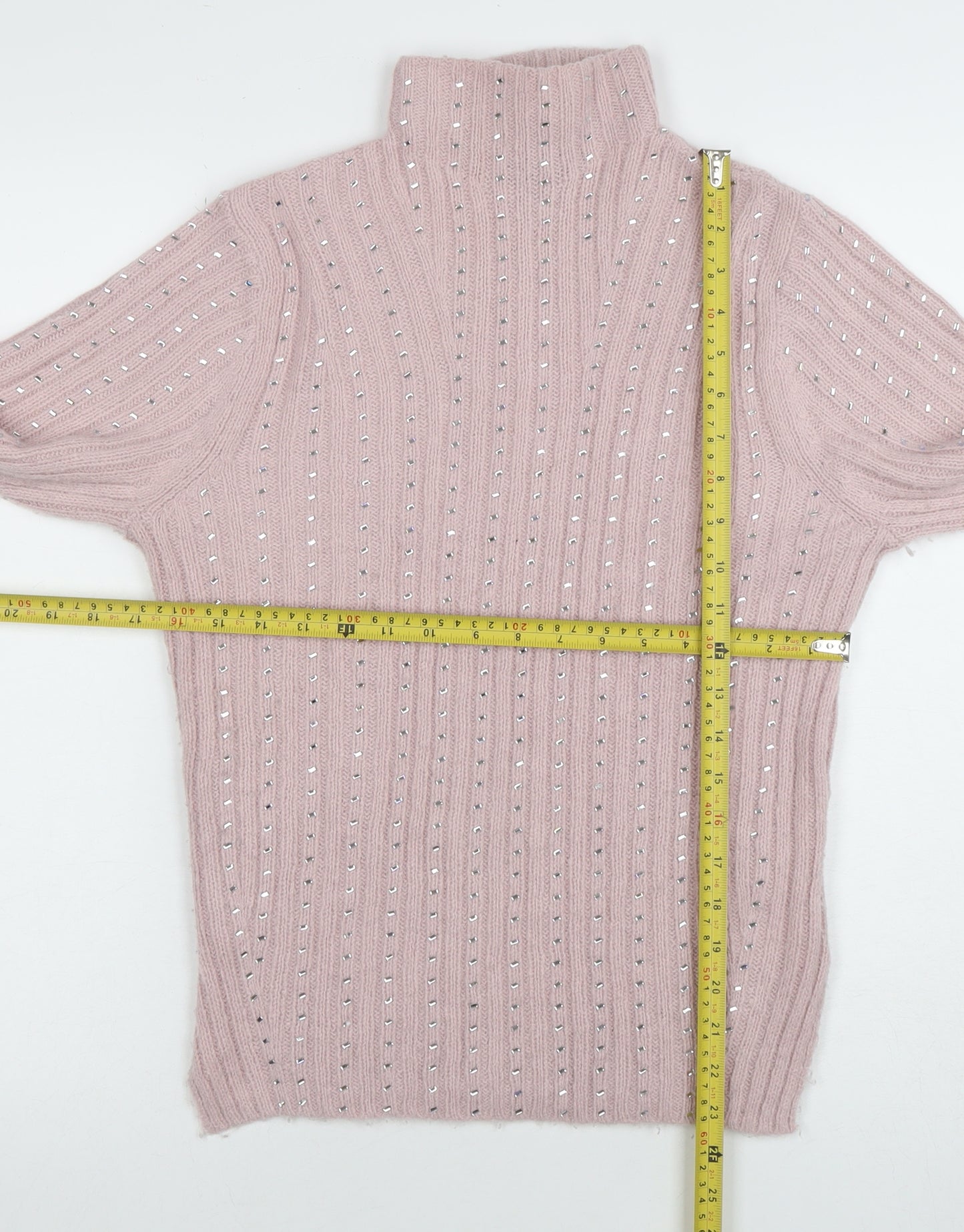 Lipsy London Women’s Pink Roll Neck Beaded Knit Jumper Size 10