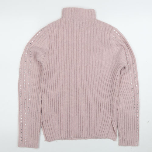 Lipsy London Women’s Pink Roll Neck Beaded Knit Jumper Size 10
