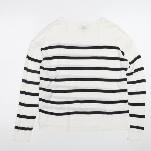 Marks and Spencer Women's White Striped Long Sleeve Cotton T-Shirt M