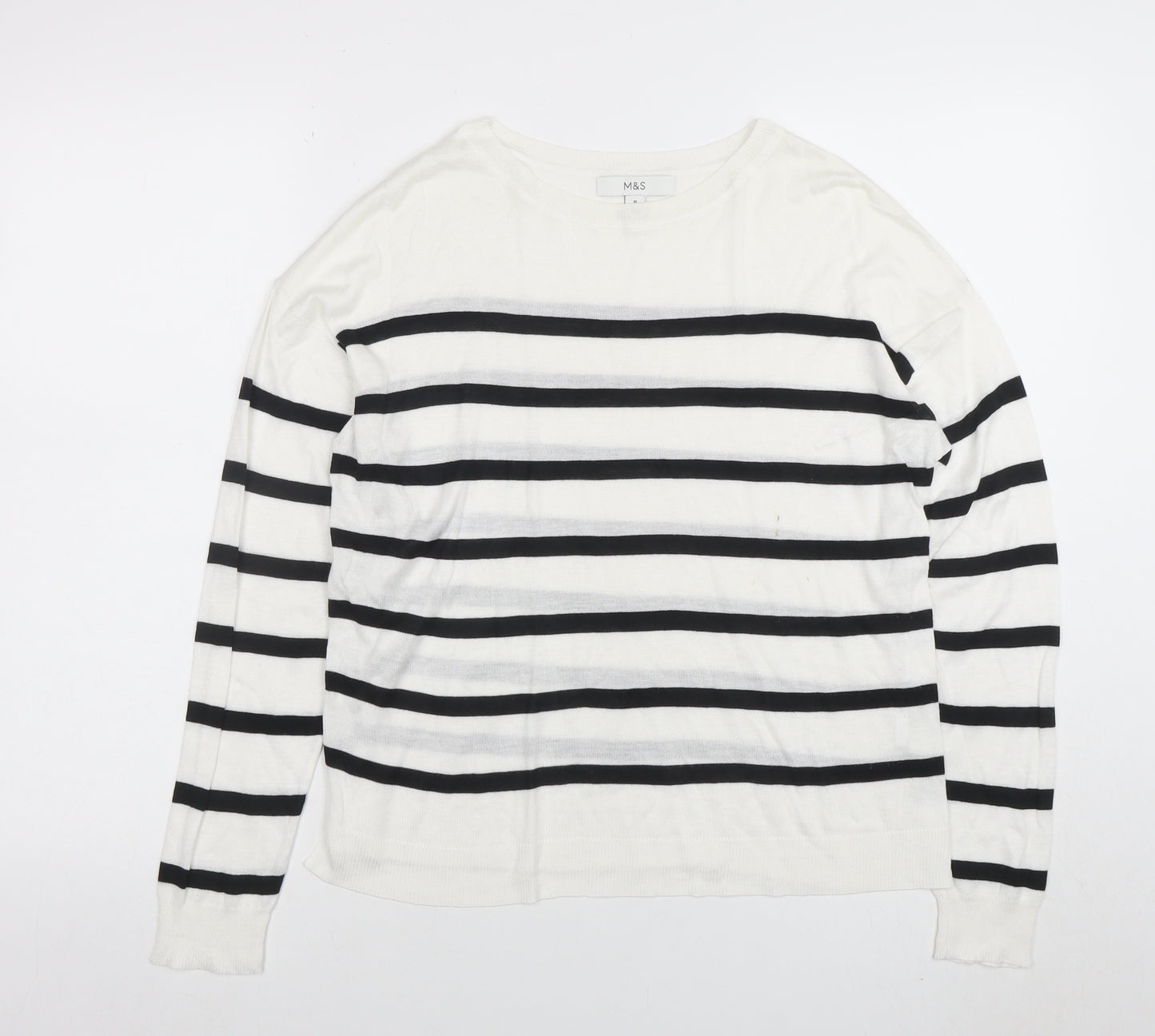Marks and Spencer Women's White Striped Long Sleeve Cotton T-Shirt M